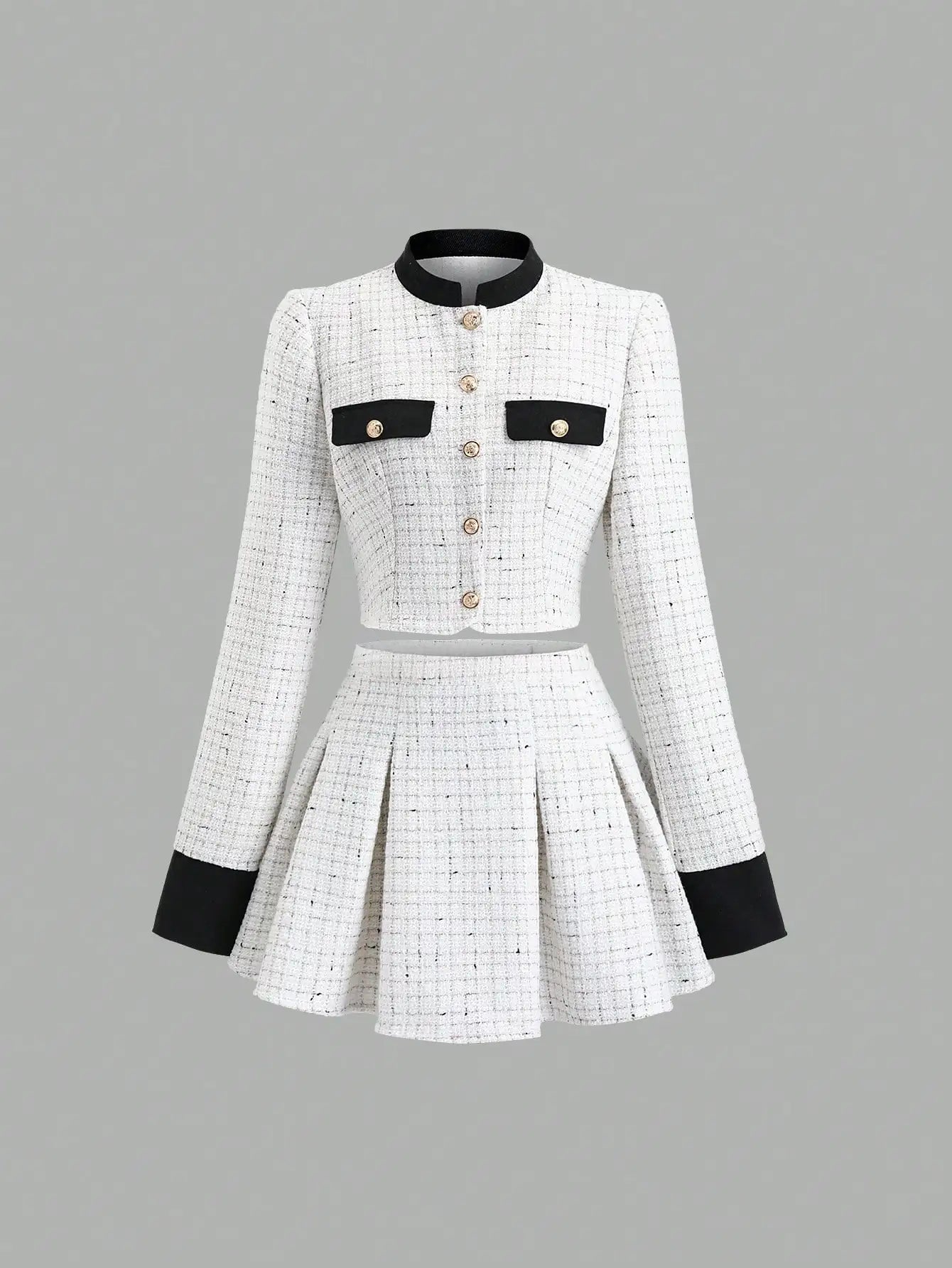 Women's Tweed Suit  Set; Long Sleeve Jacket & Pleated Skirt