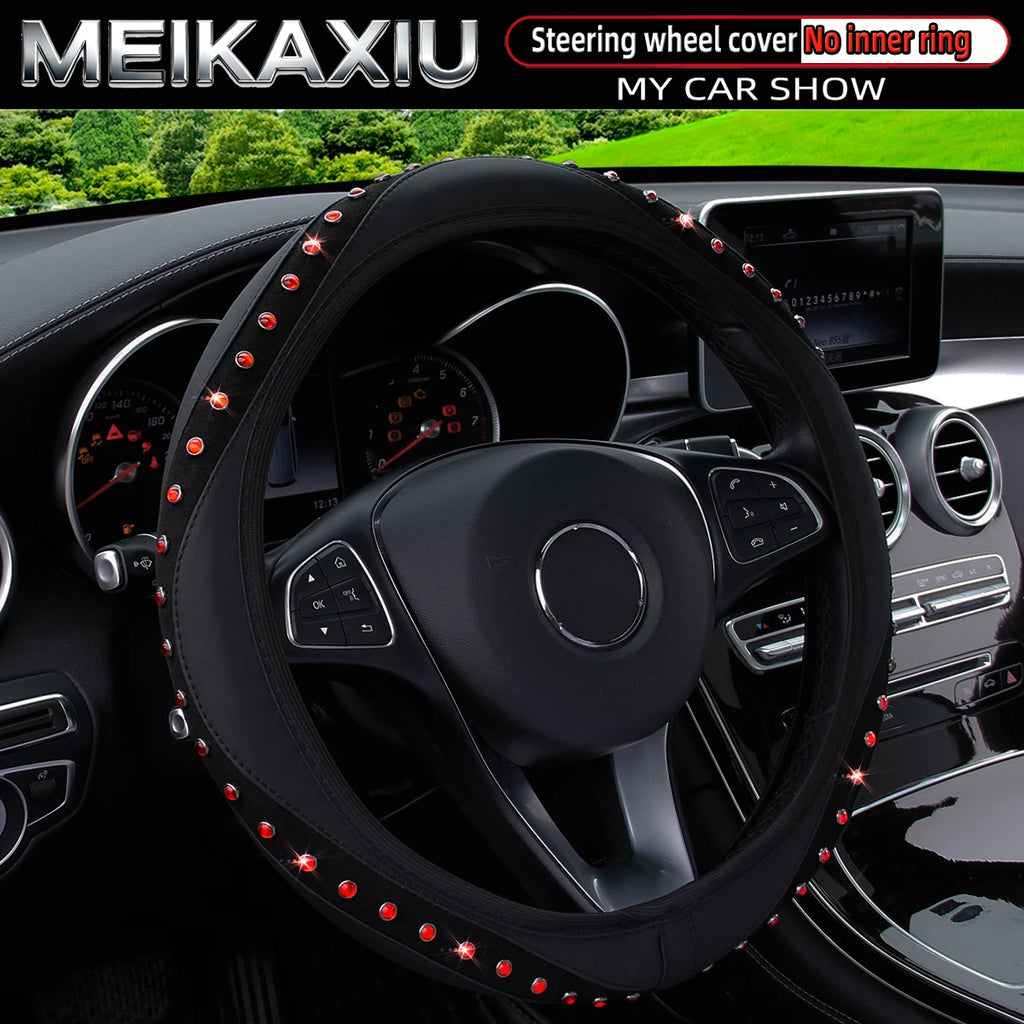 Blingbling New PU Leather Steering Wheel Cover for Women with Artificial Gemstones Car Decorative Item Rimless