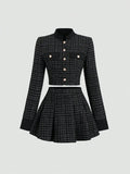 Women's Tweed Suit  Set; Long Sleeve Jacket & Pleated Skirt