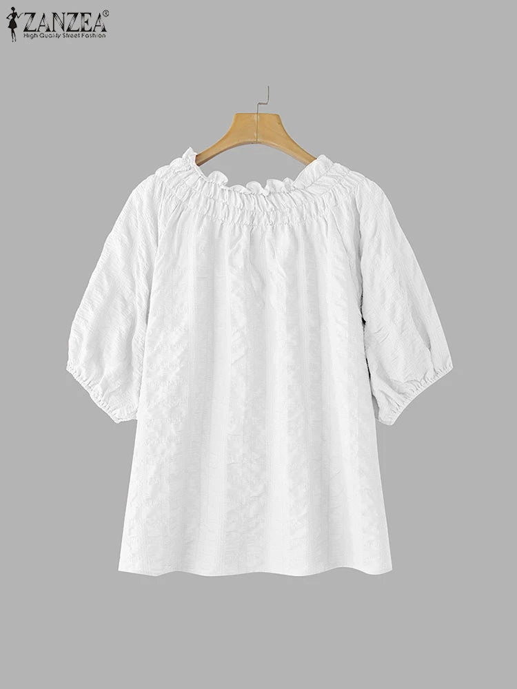 Women's Puff Sleeve Casual O-Neck Summer Blouse