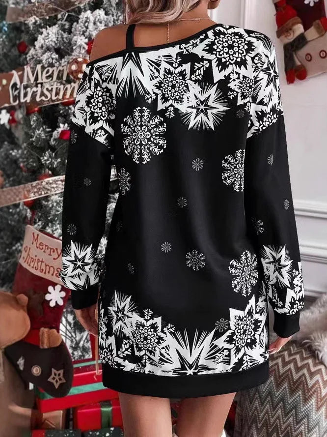 Women's Snowflake Print Holiday Asymmetrical Shoulder Mini Dress