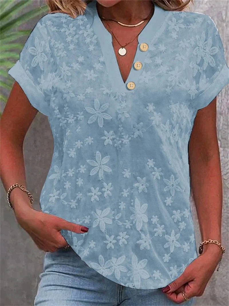 Floral Embroidered short sleeve Casual Blouse