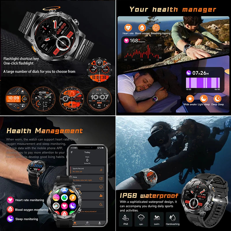 New Military T-Rex 3 Ultra 1000mAh Battery Smart Watch IP68 Waterproof Fitness Track Flashlight Heart Rate Sports Smartwatch Men