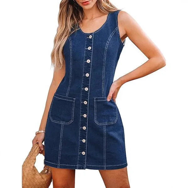 Women’s Sleeveless Denim Mini Dress with Pockets