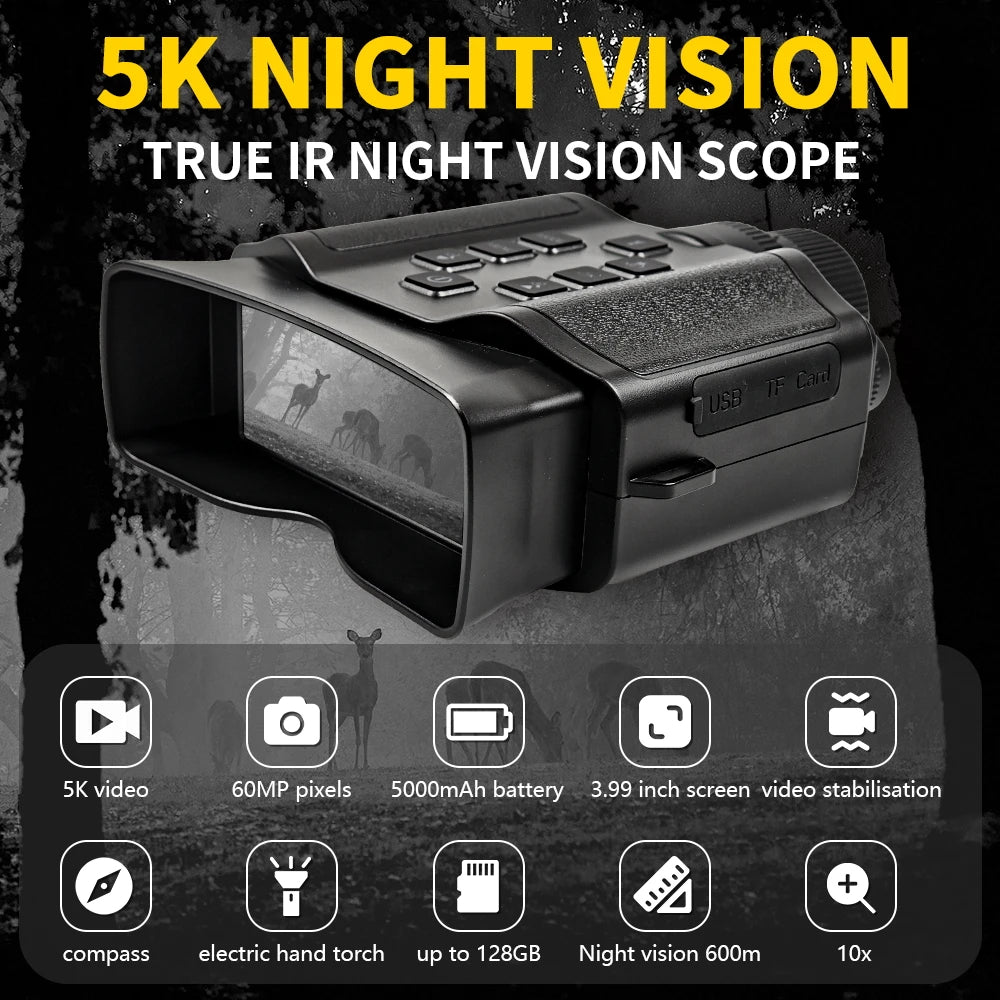 60MP 5K Infrared Night Vision Binocular Flashlight Camera with 10X HD Day and Night for Outdoor animals watching