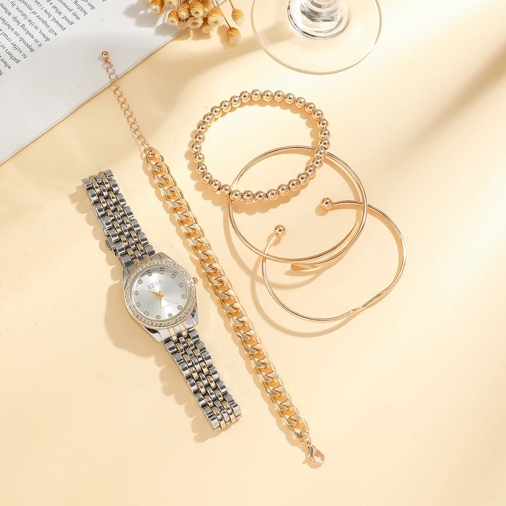 No gift box New style steel strap light luxury fashion quartz wristwatch   pearl string bracelet 5 pieces set
