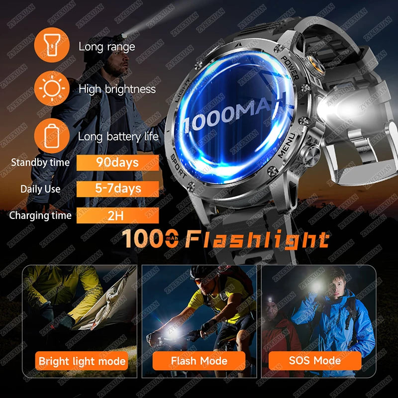 2025 New Military T-Rex 3 Ultra 1000mAh Battery Smart Watch IP68 Waterproof Flashlight Heart Rate Sports tracker Smartwatch Men