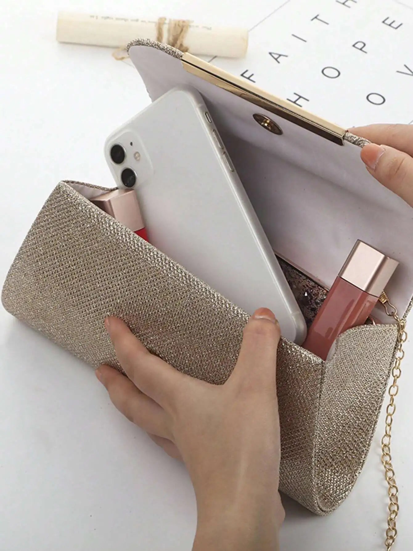 Gold Pleated Glitter Clutch Bag with Metal Frame for Evening Events