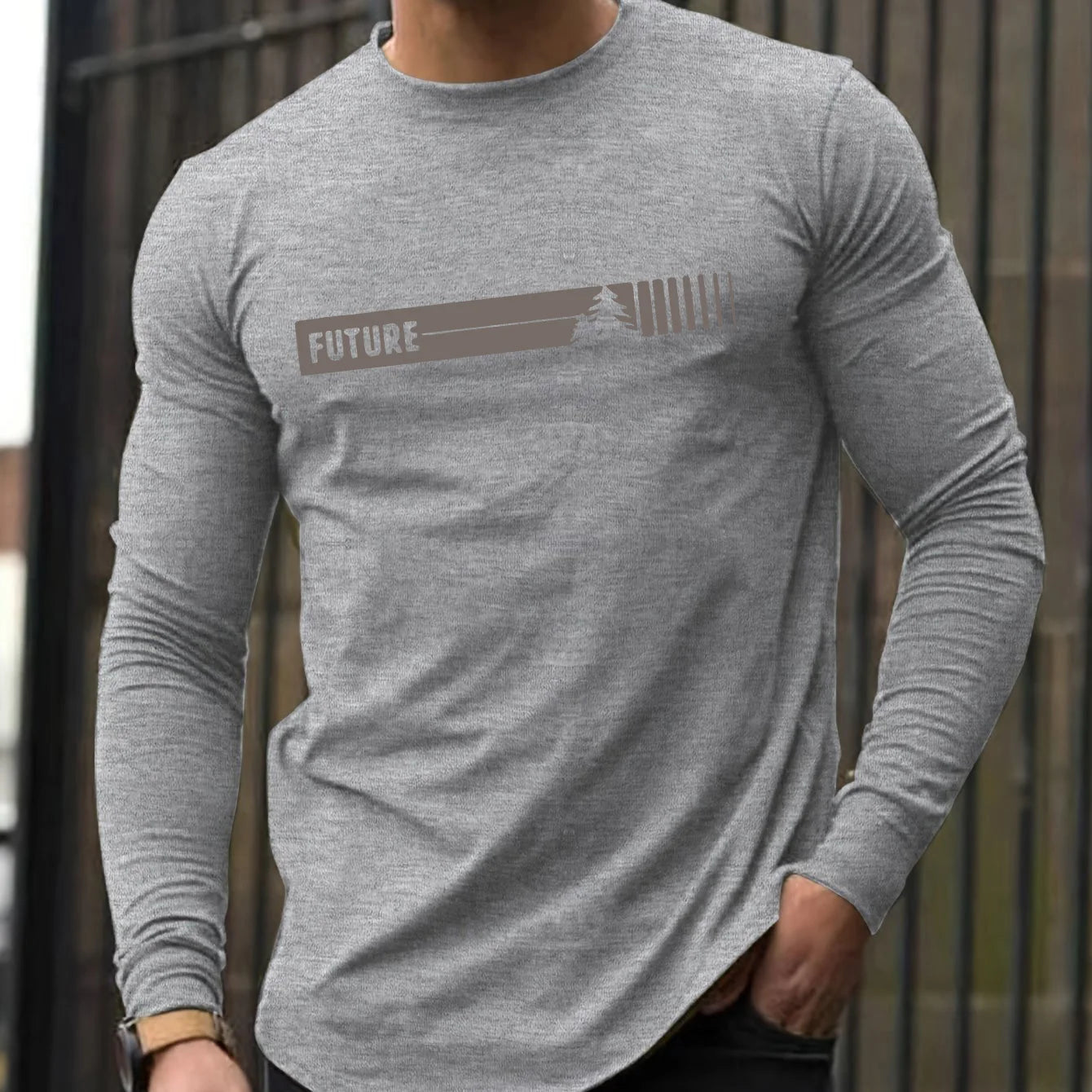 100% pure cotton men's long sleeved round neck loose future letter pattern printed spring and autumn versatile T-shirt top