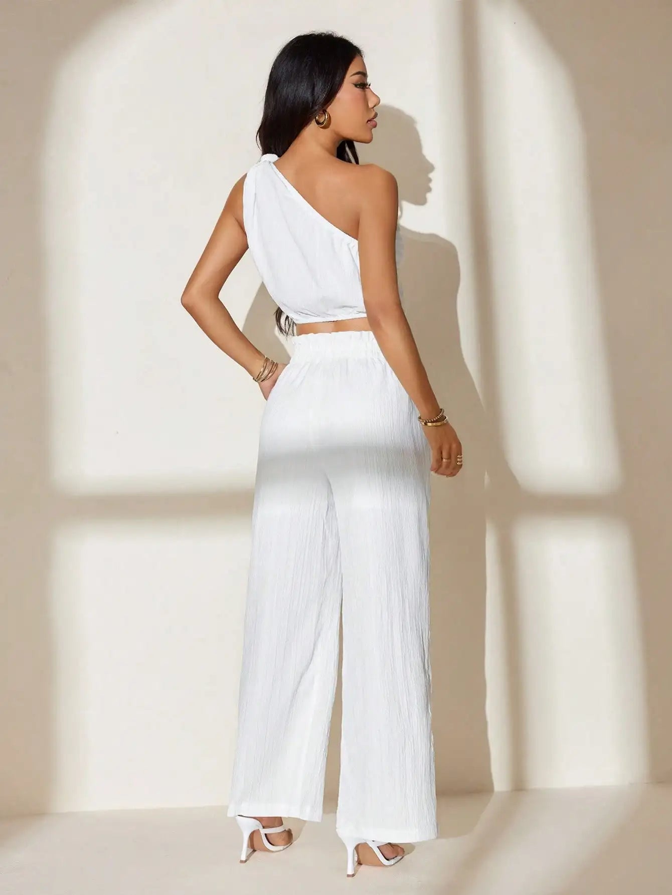 Women's One-Shoulder White Crop Top & Trousers Set