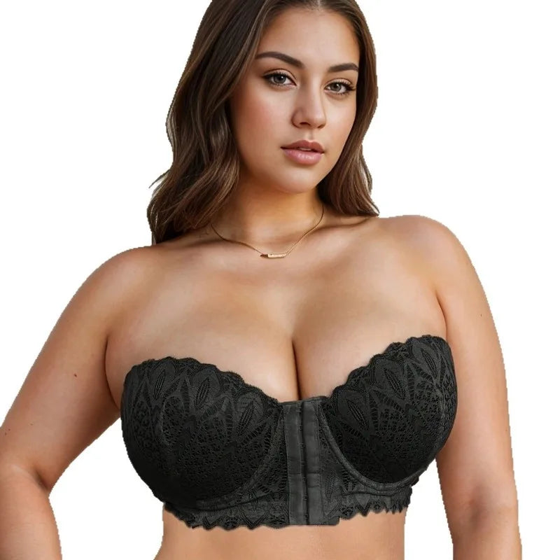 Push Up Strapless Bra for Women, Sexy Lace Half Cup with Front Buckle, Underwire Anti Sagging & Side Tightening Support 85F-110F