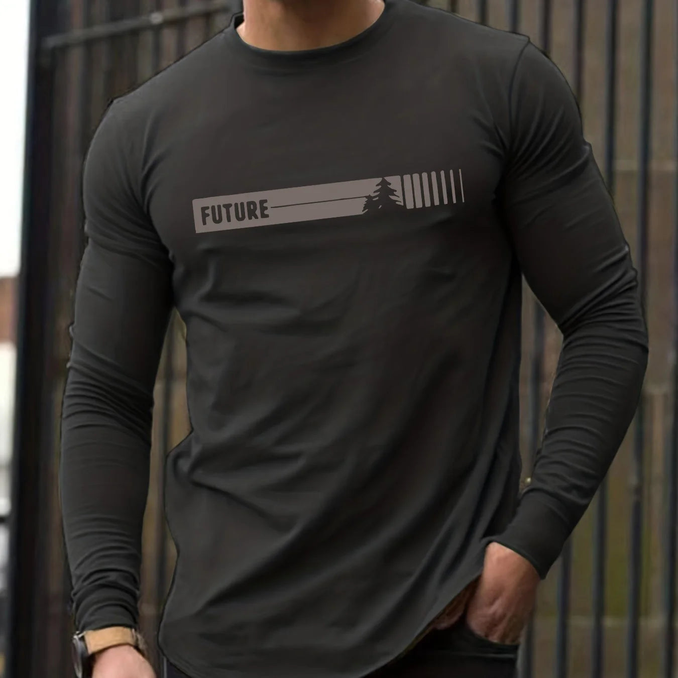 100% pure cotton men's long sleeved round neck loose future letter pattern printed spring and autumn versatile T-shirt top