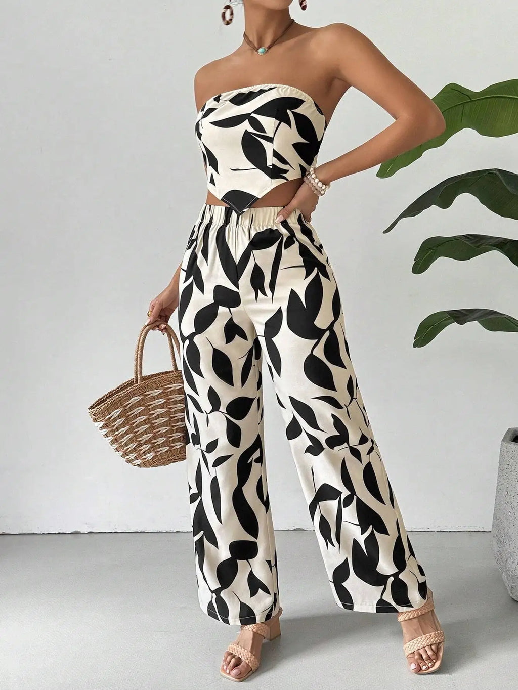 Leaf Print Strapless Crop Top & Wide Leg Pants Set
