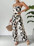 Leaf Print Strapless Crop Top & Wide Leg Pants Set