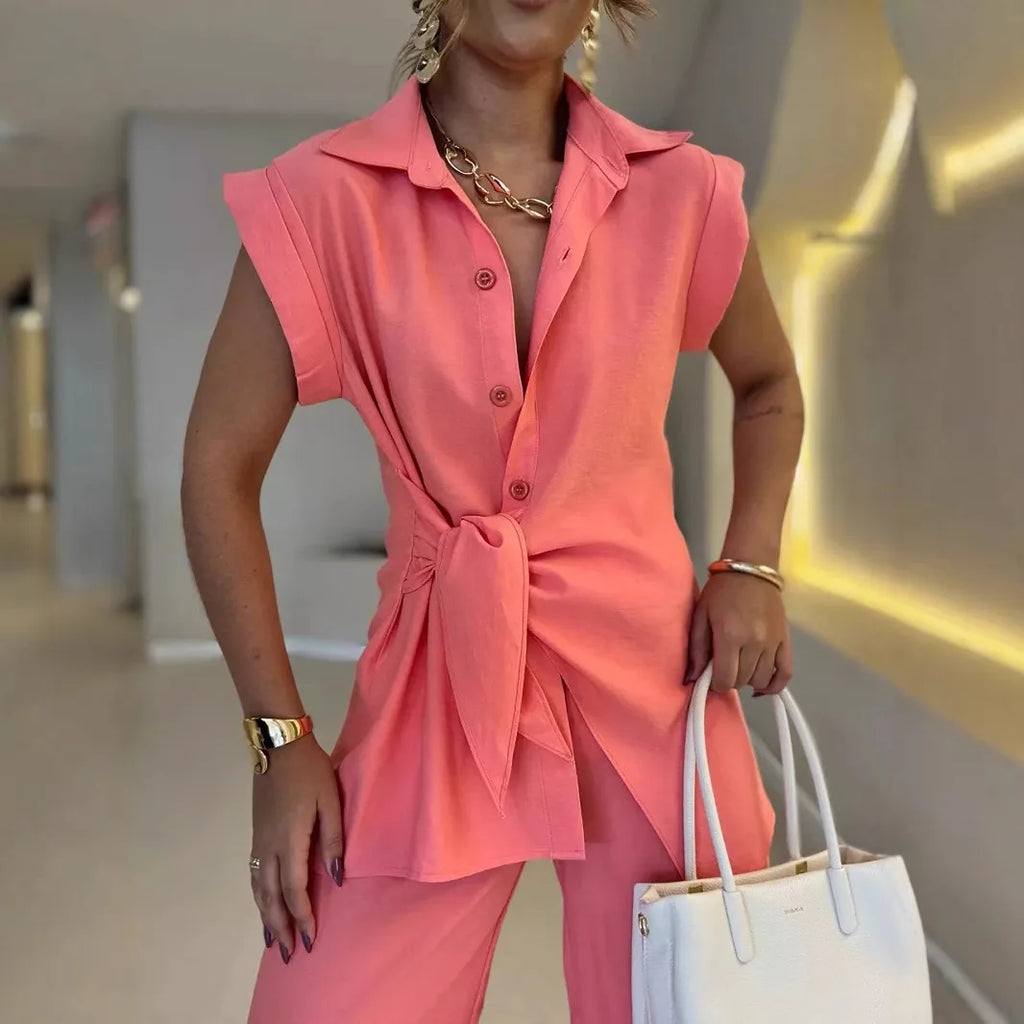 Women's Tie Waist Top Two-Piece Set