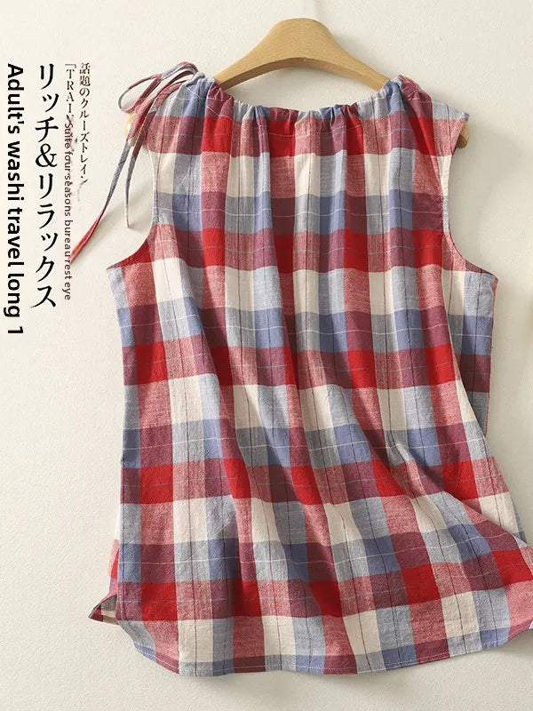 Casual Plaid Sleeveless Loose Fit Blouse