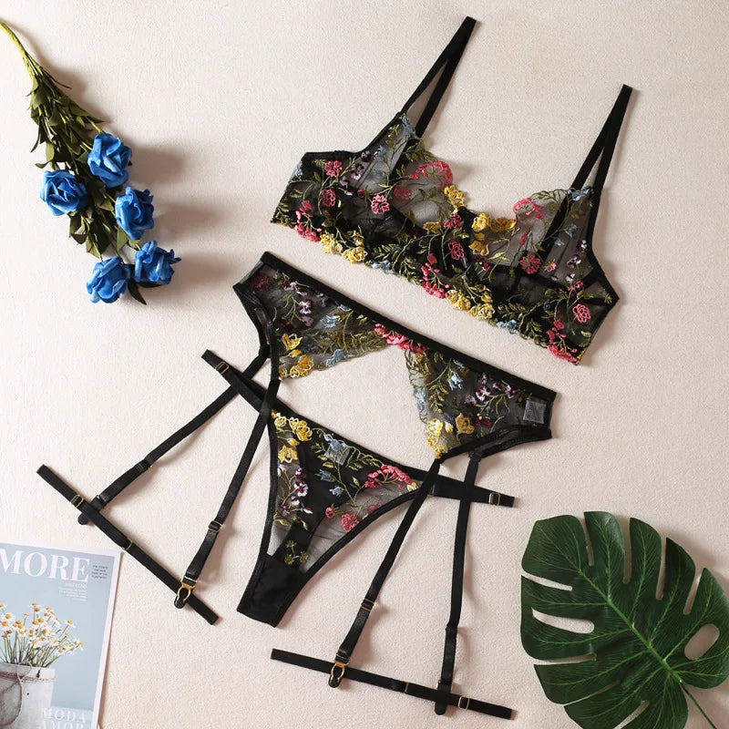 Sexy See-through Yellow Pastoral Floral Bra Garter T-Back Three-Piece Set with Leg Ring Sexy Lingerie Suit