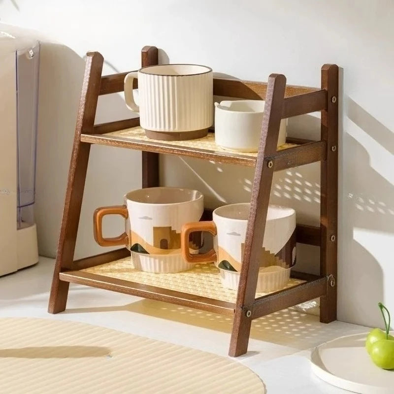 Retro Bamboo 2 Layer Storage Rack Countertop Organizer Stable Kitchen Shelf for Home Hotel Apartment Dressing Table