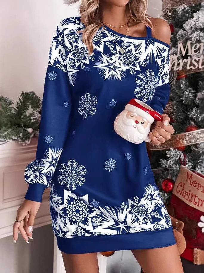 Women's Snowflake Print Holiday Asymmetrical Shoulder Mini Dress