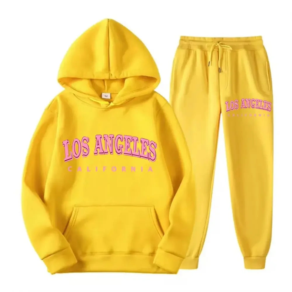 2025 Two-piece set for women, hoodie and fleece pants, loose-fitting pocket sweater, Los Angeles and California print clothing,