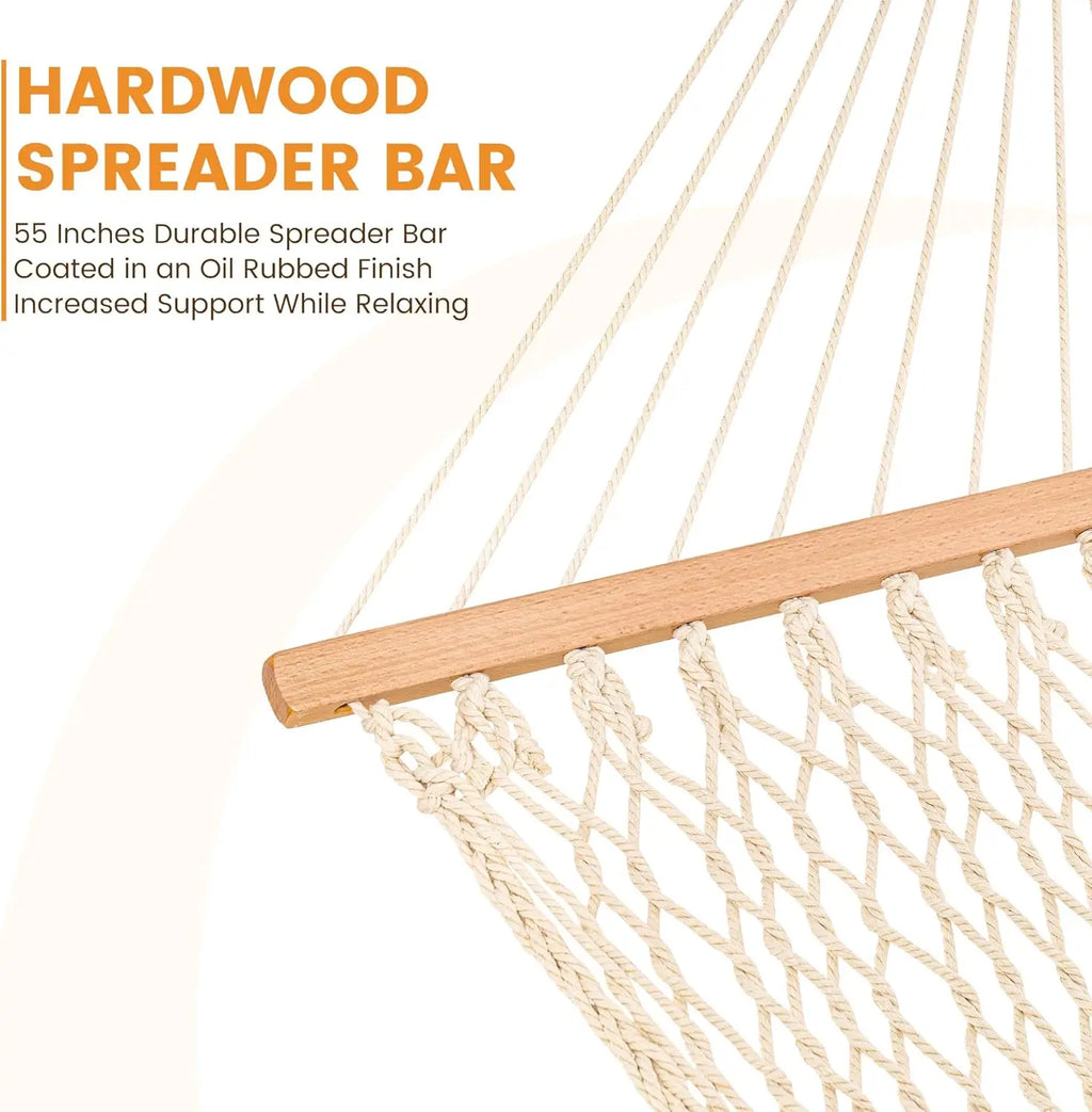 Double Rope Hammock for 2 Persons, Hand Woven Cotton with Spreader Bar and Straps, Max 450 Lbs, Natural Outdoor