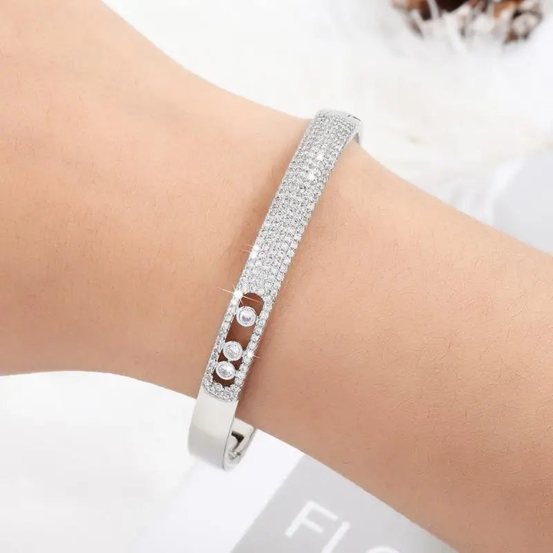 Gold Color Stainless Steel Wide Bangle Double Row Crystal Zircon Bracelet For Women High Quality Fashion Jewelry Gift