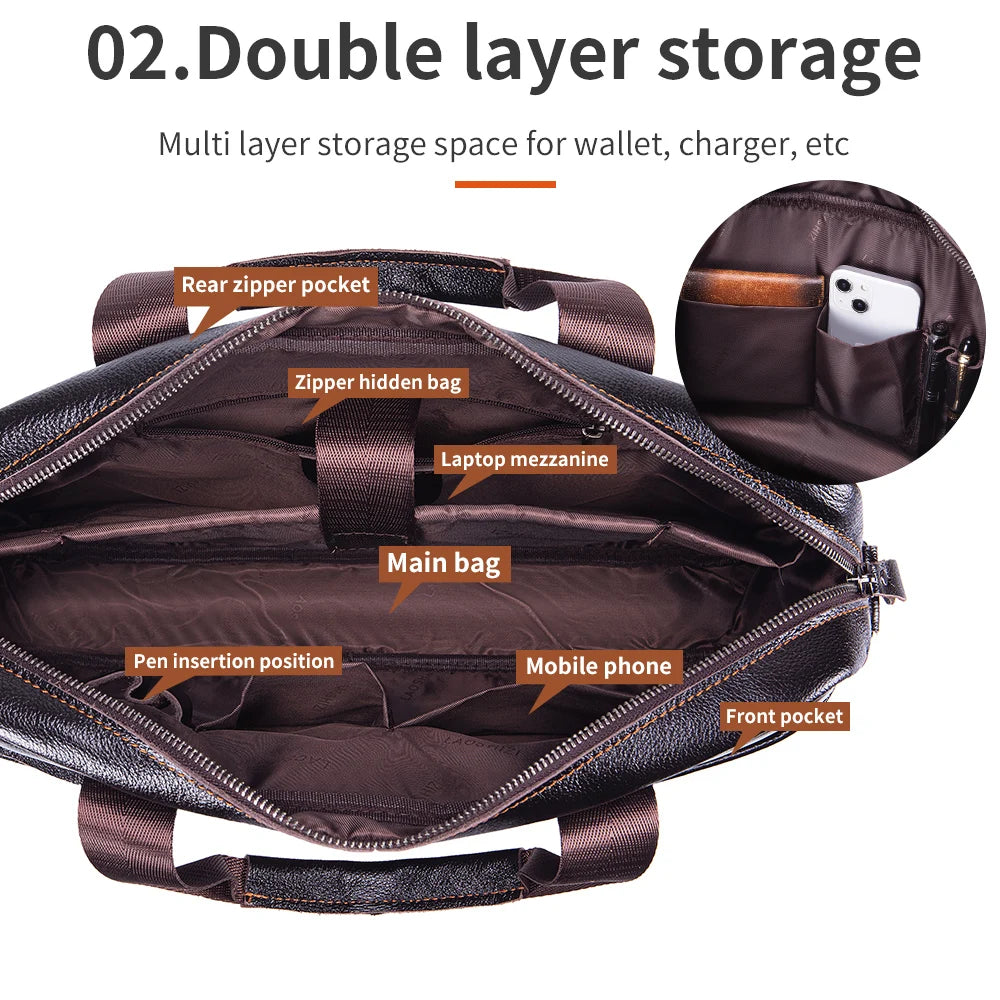 STEEL LION leather men's briefcase, large capacity business office bag, cowhide computer bag, can be carried by hand or shoulder