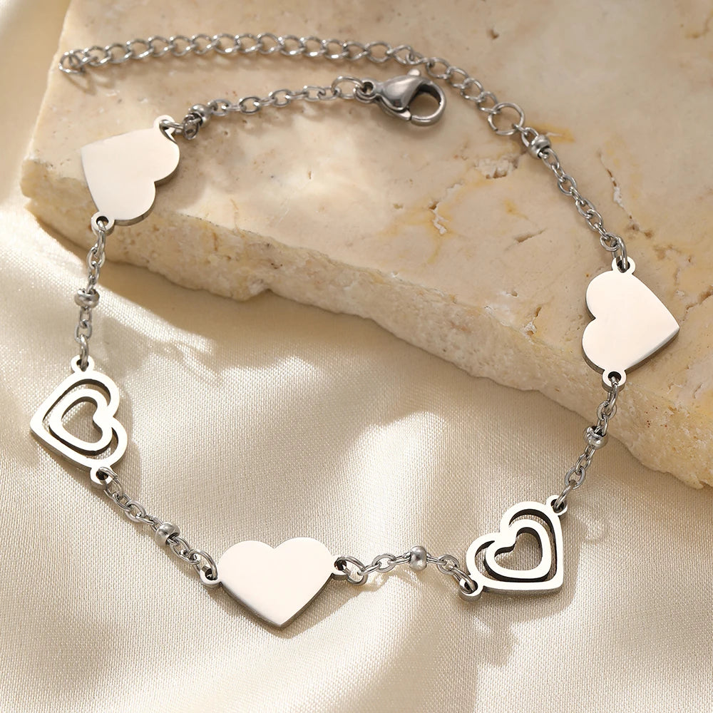 Stainless Steel Bracelets Fresh Double Heart Design Openwork Carving Noble Bracelets For Women Jewelry  Luxuries Banquet Gifts