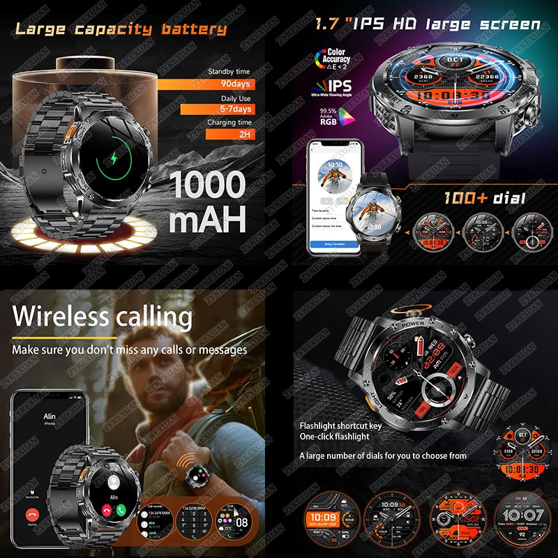 2025 New Military T-Rex 3 Ultra 1000mAh Battery Smart Watch IP68 Waterproof Flashlight Heart Rate Sports tracker Smartwatch Men