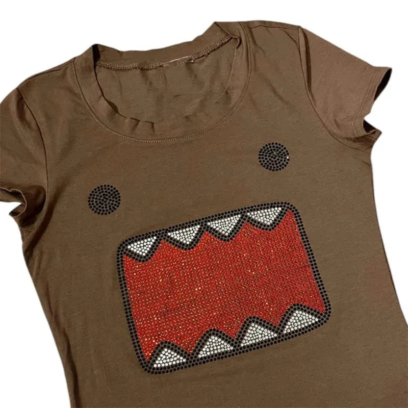 Y2K Rhinestone Round Neck Top