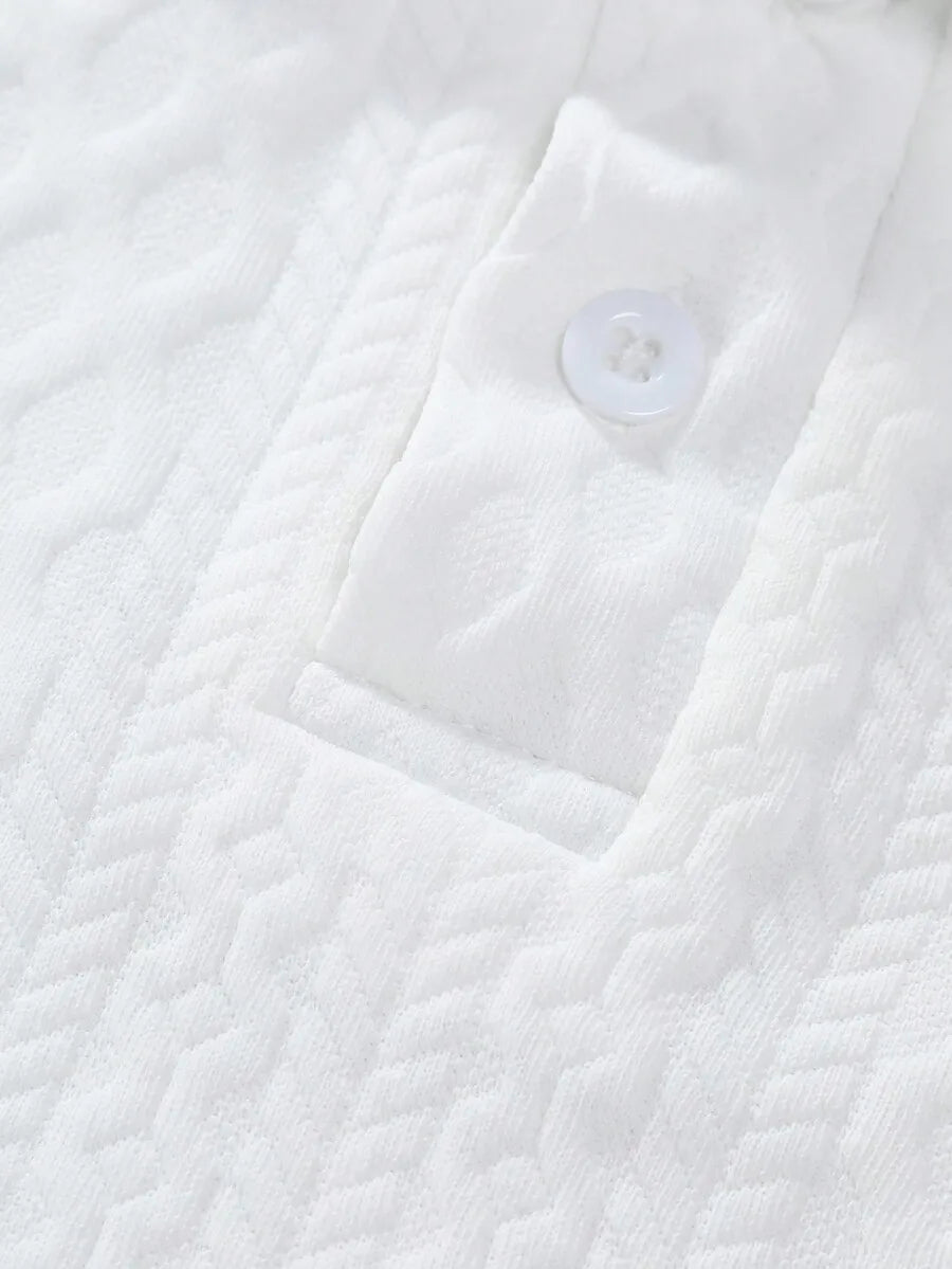 Men's White Short Sleeve Polo Shirt with Geometric Jacquard Knit, Casual Style for Spring Summer Daily Wear
