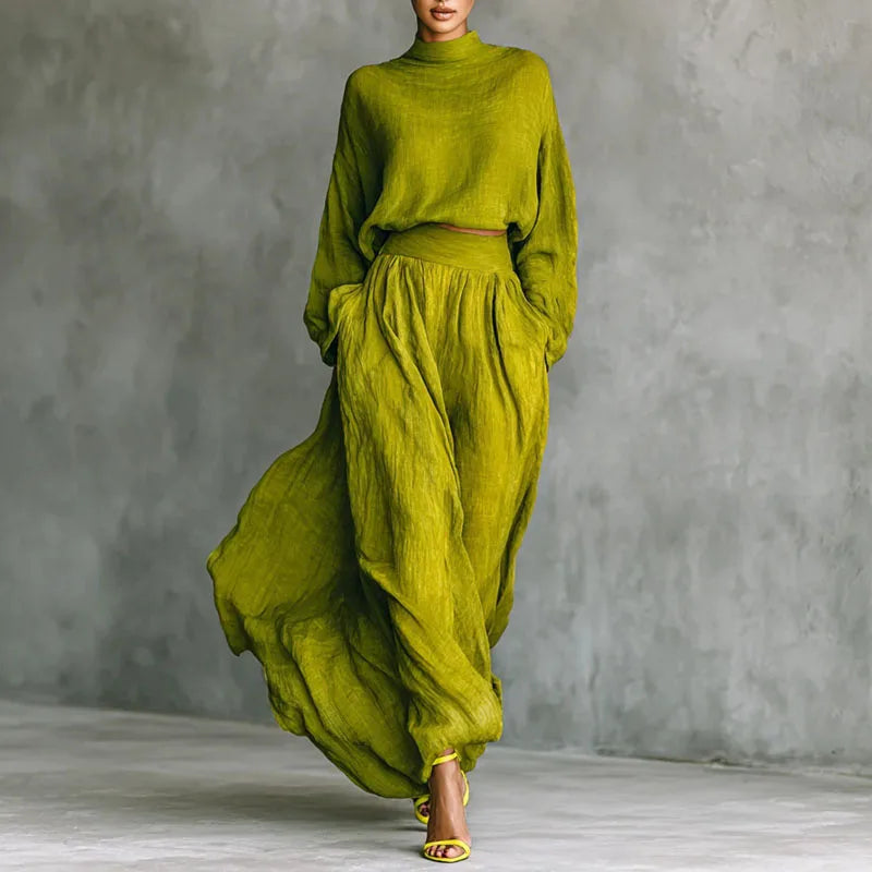 Women’s Linen Skirt Set – Batwing Sleeve Top & Pleated Maxi Skirt