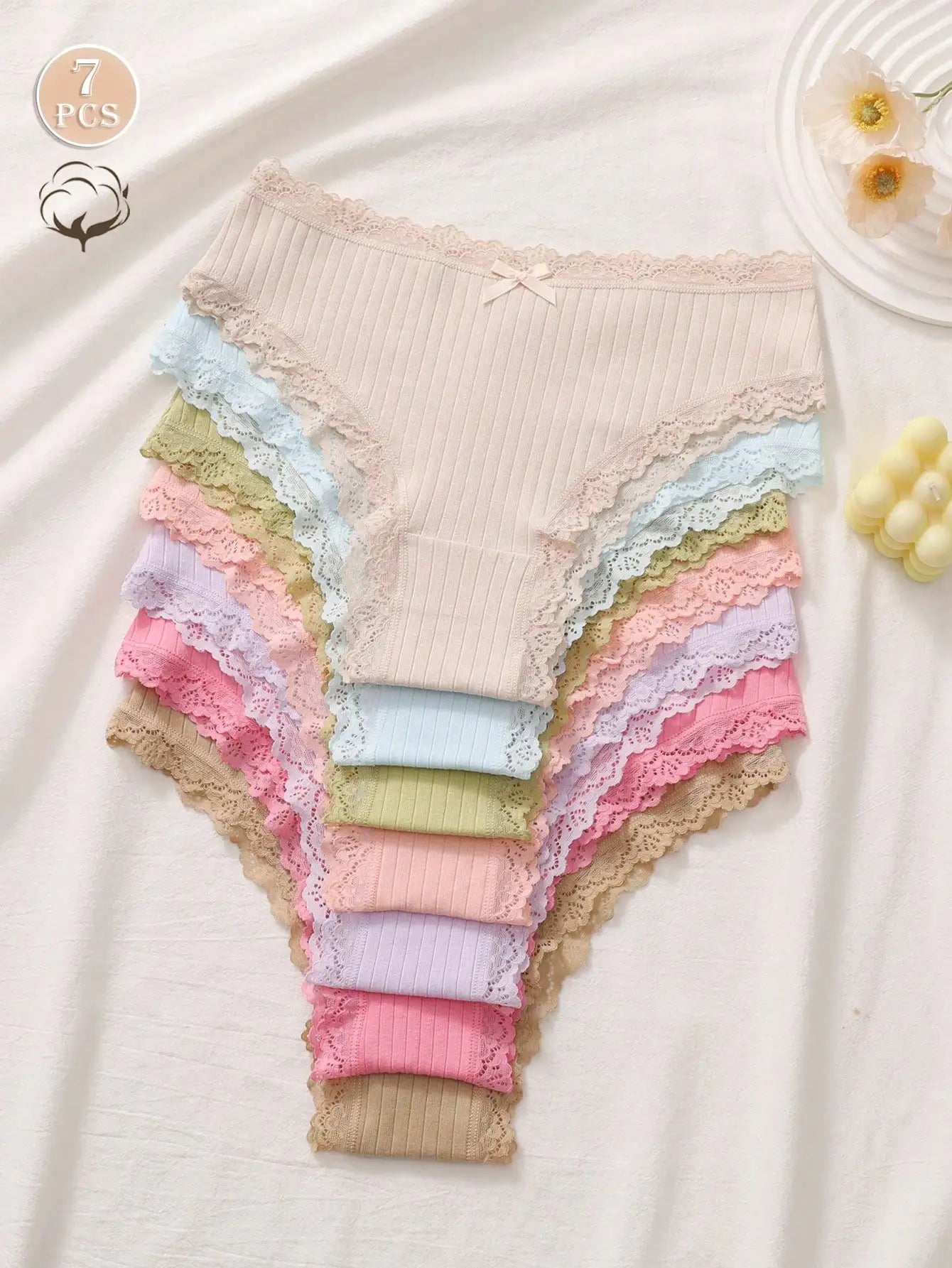 7-Pack Soft Ribbed Cotton Lace Trim Bikini Panties for Women
