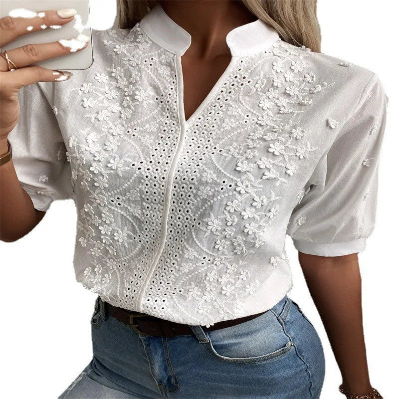 Elegant Vintage Embroidered Cotton Button-Up Top