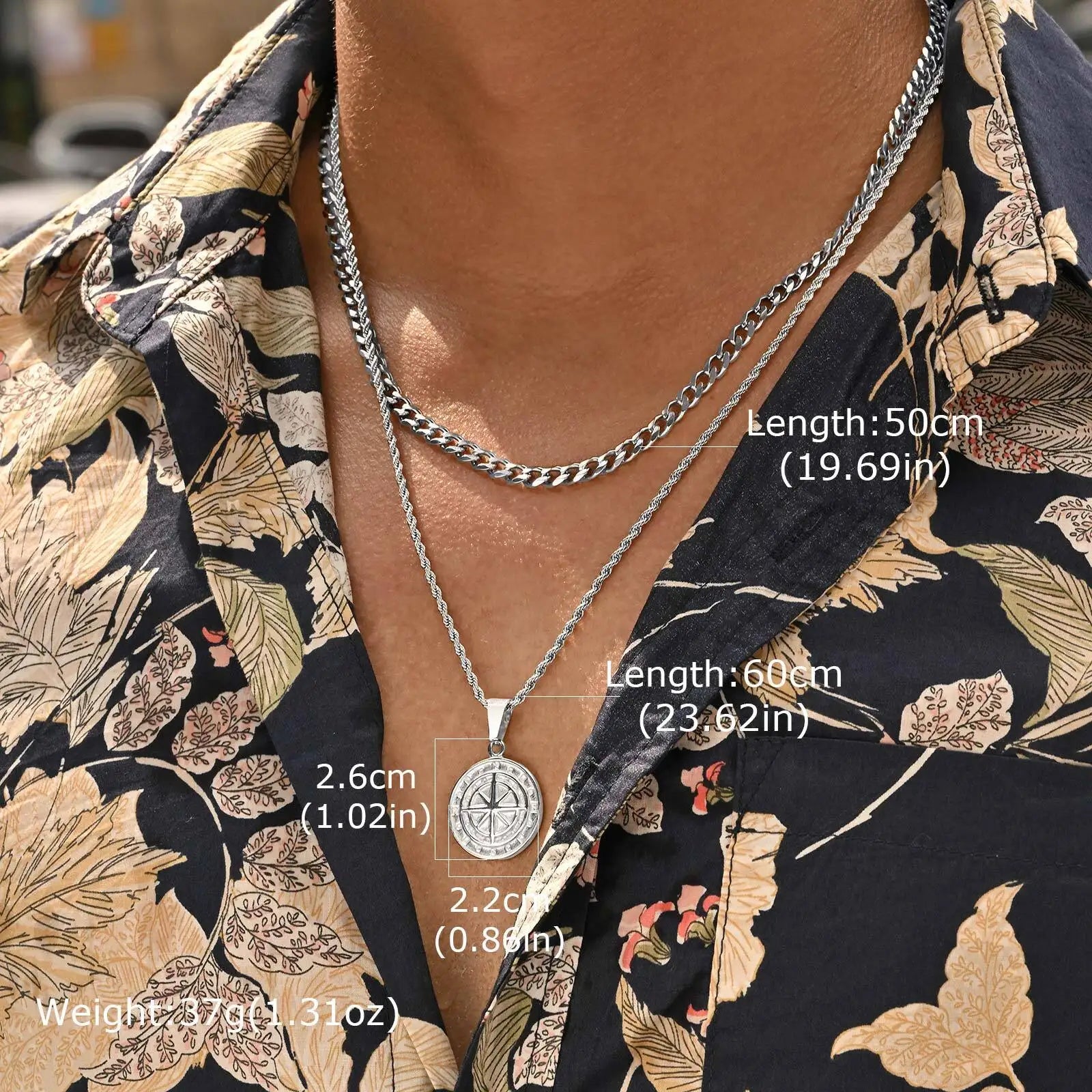 2pcs/set Compass Necklace for Men Boys,Stainless Steel Viking North Star Anchor Medal Round Coin Pendant,Punk Jewelry Gift