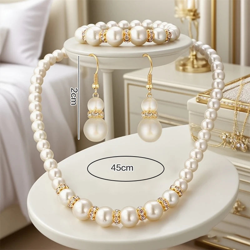 3in1 Set Elegant Simulated Pearl Necklace Earrings Bracelet Long Necklace Women Bridal Wedding Jewelry Gift