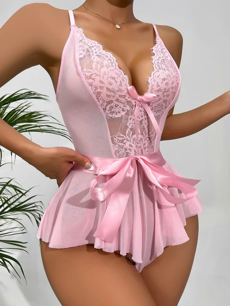 Pink Lace Mesh Teddy with Bow Front and Ruffle Hem