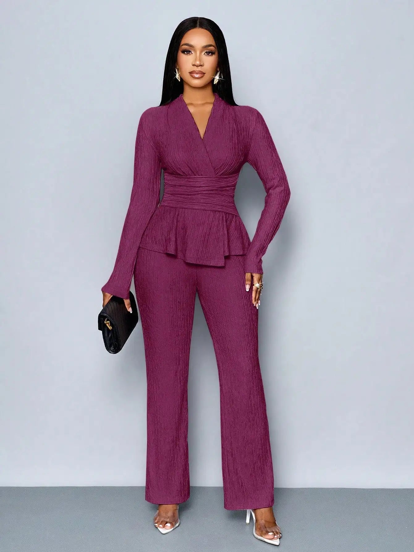 Women's V-neck Peplum Top & Wide Leg Pants Set
