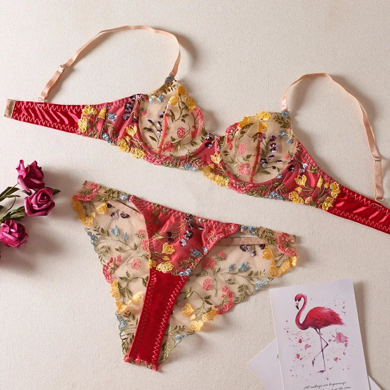 Sexy Countryside Style Embroidered Exotic Apparel Suit Women's Floral Patchwork Color Steel Ring Bra Panty Perspective Intimates