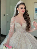 Haute Couture Romantic white The Bride Dress With Long Sleeve Lace Beading Sequin V-Neck Floor-Length Bespoke Wedding Dress
