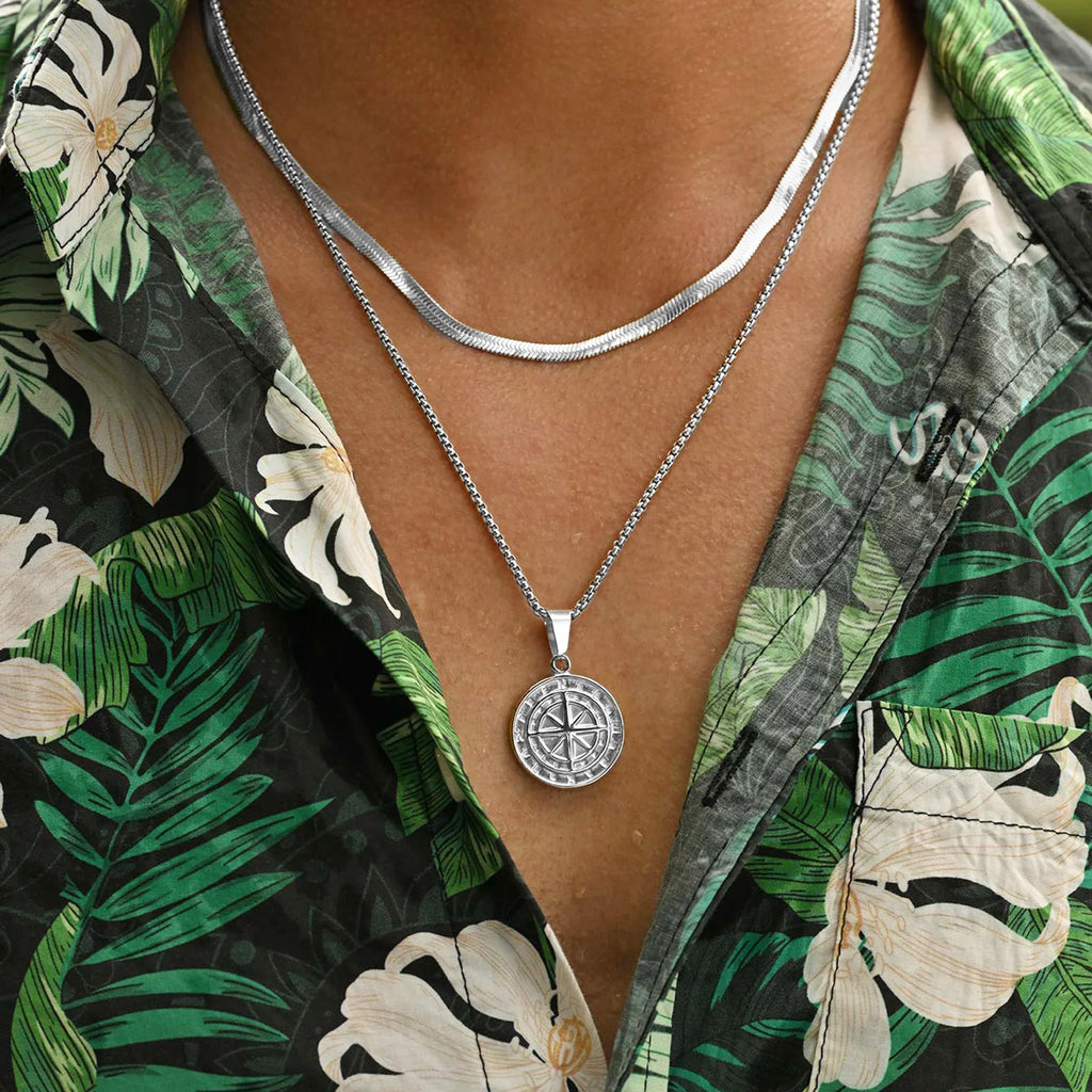 2pcs/set Compass Necklace for Men Boys,Stainless Steel Viking North Star Anchor Medal Round Coin Pendant,Punk Jewelry Gift