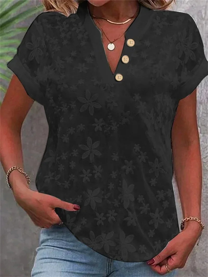 Floral Embroidered short sleeve Casual Blouse