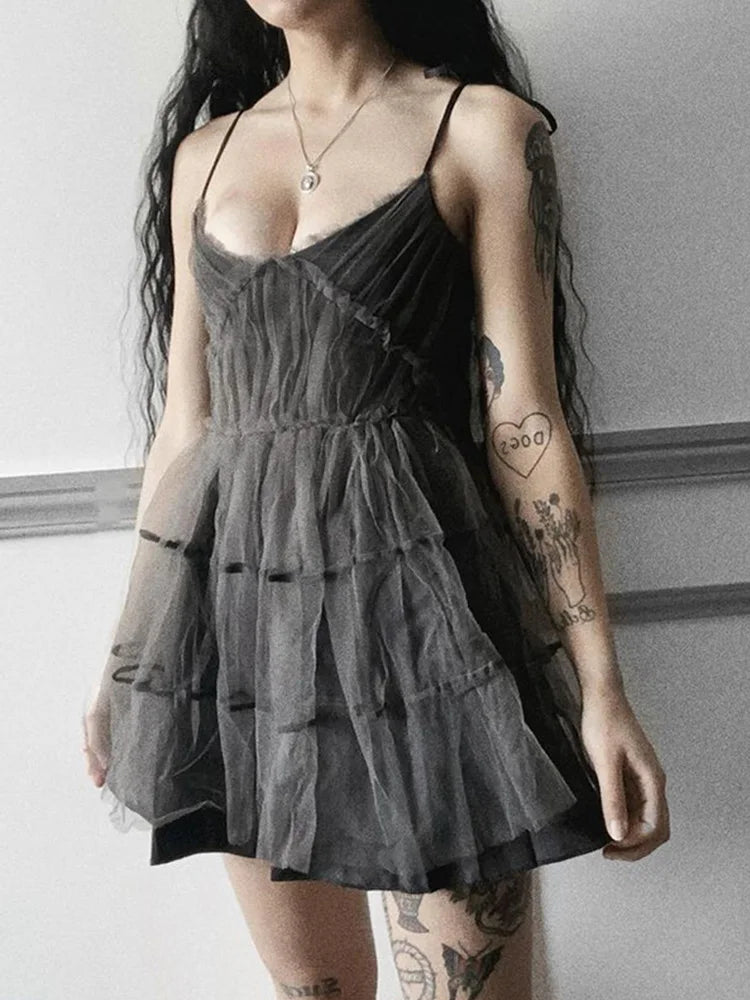 Elegant Black Gothic Mesh High Waist Dress