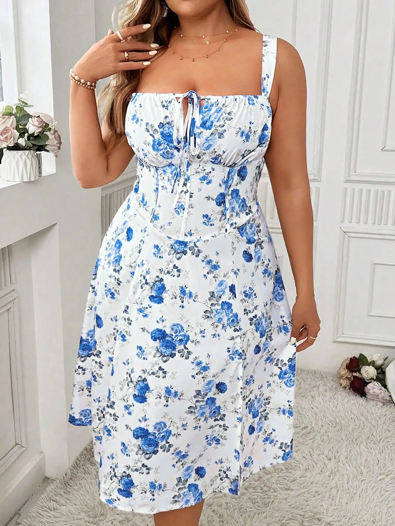 Women's Floral Tie Front Summer Dress with side slit