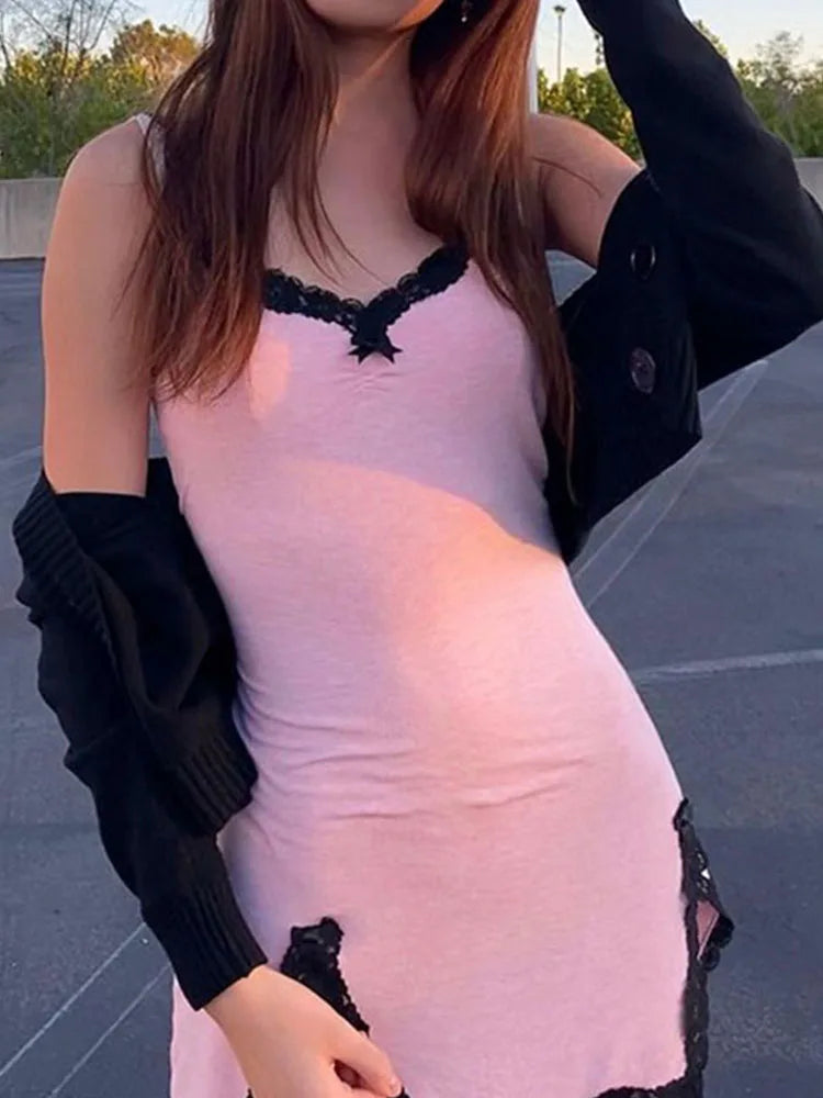 AltGoth Fairycore Y2k Pink Dress Women Sexy E-girl Lace Patchwork Strapless Dress Streetwear Harajuku Emo Alternative Clothes