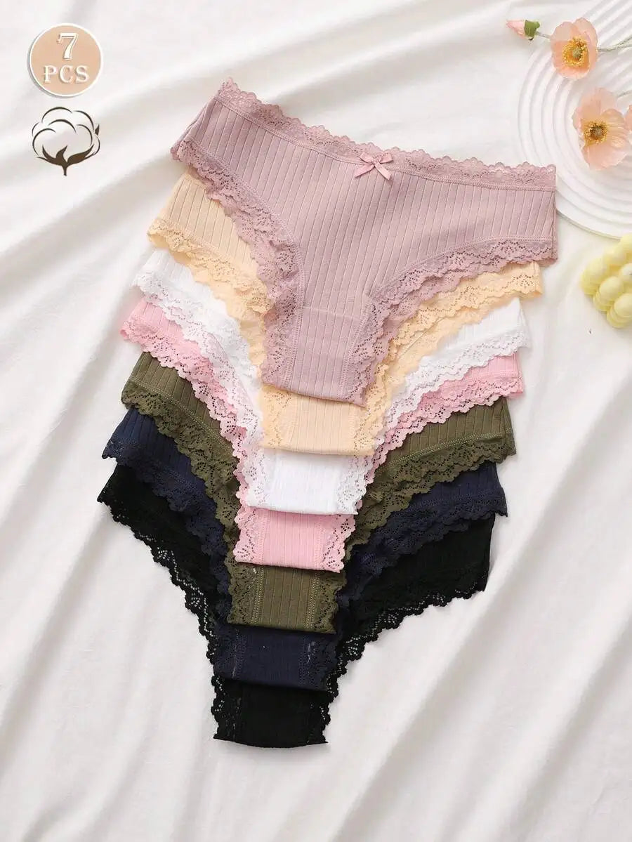 7-Pack Soft Ribbed Cotton Lace Trim Bikini Panties for Women