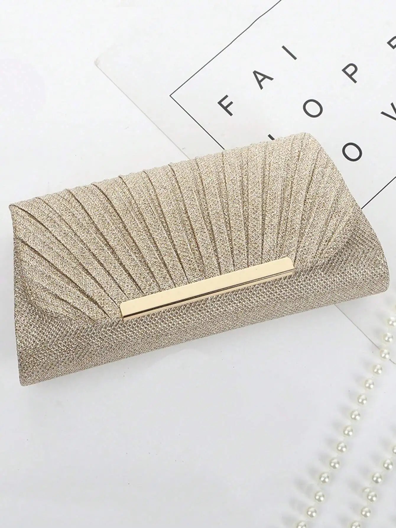 Gold Pleated Glitter Clutch Bag with Metal Frame for Evening Events