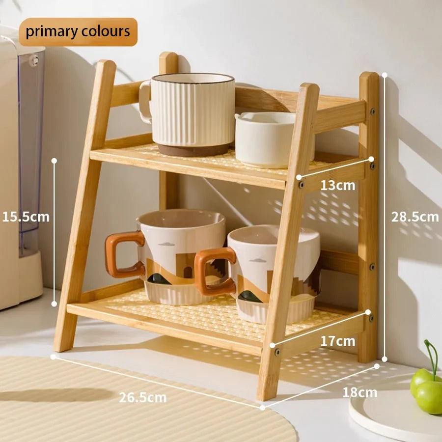 Retro Bamboo 2 Layer Storage Rack Countertop Organizer Stable Kitchen Shelf for Home Hotel Apartment Dressing Table
