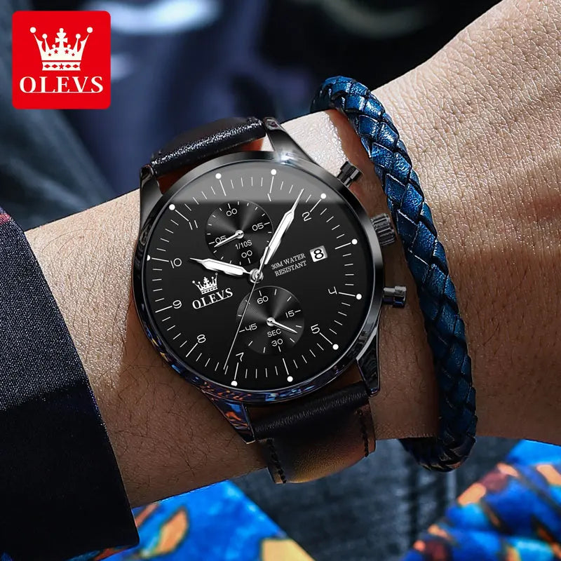 OLEVS casual fashion men's watches Chronograph 30m waterproof Leather strap quartz watch for man luminous genuine wristwatch