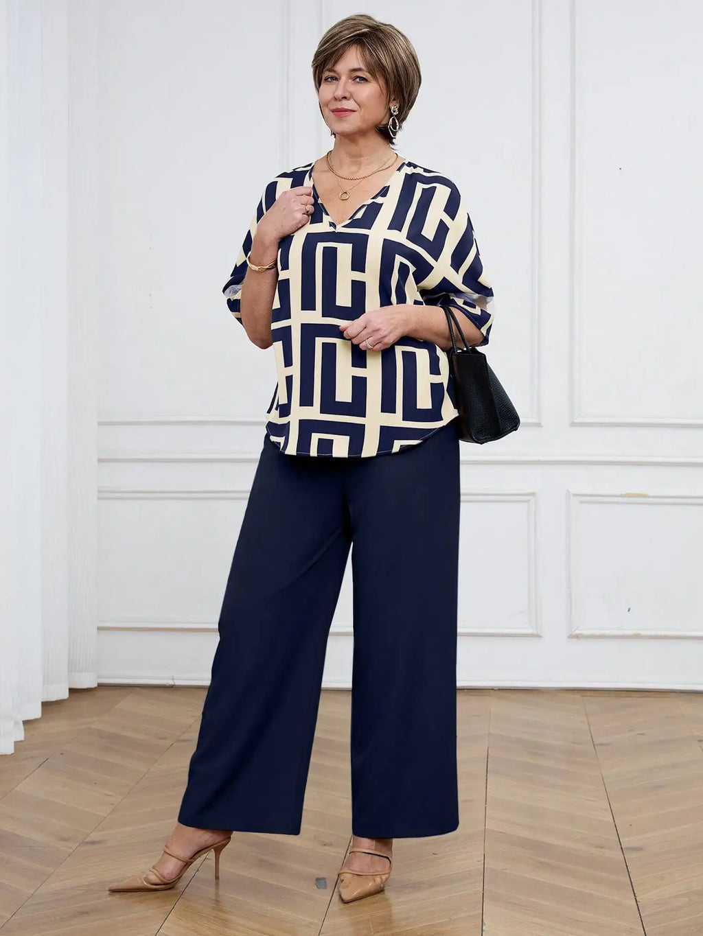 Women's Geometric Print V-Neck Short Sleeve Top & Wide Leg Pants Set for Casual or Office Wear